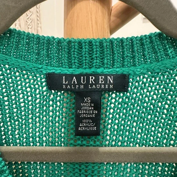 Lauren Ralph Lauren Green Open Knit Sweater XS Lightweight 3/4 Sleeve - Picture 2 of 3